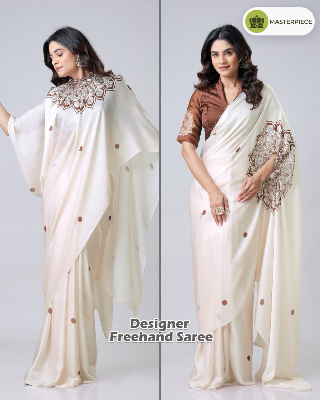 New One Minute Ready To Wear  Heavy Crepe Silk  Free Hand Saree With Beautiful Digital Print With Running Crepe Silk Unstiched Blouse Piece - Cream
