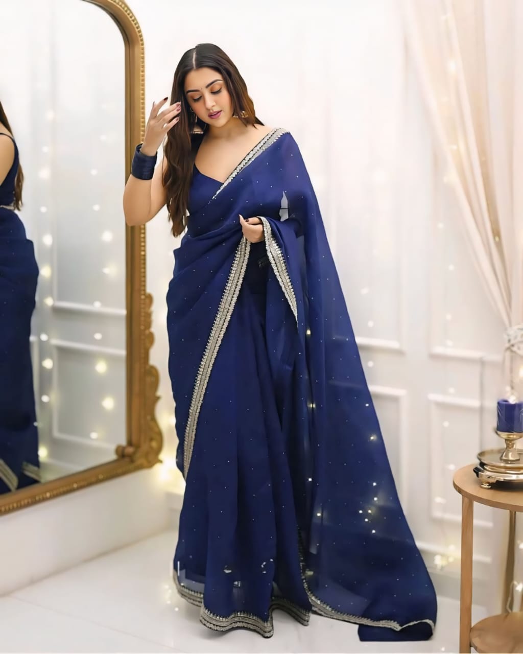 New One Minute Ready To Wear Pure Soft Organza  Silk Saree With Beautiful Diamond Work On Full Body And Beautiful Embroidery Lace Border with Same Unstiched Blouse Piece