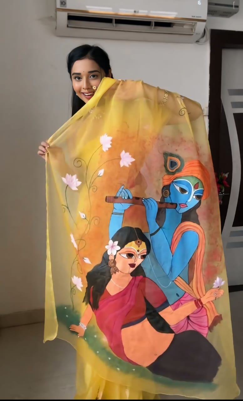 New One Minute Ready To Wear Radha Krishna Designed Pure Soft Organza Saree With Yellow Unstiched Blouse Piece