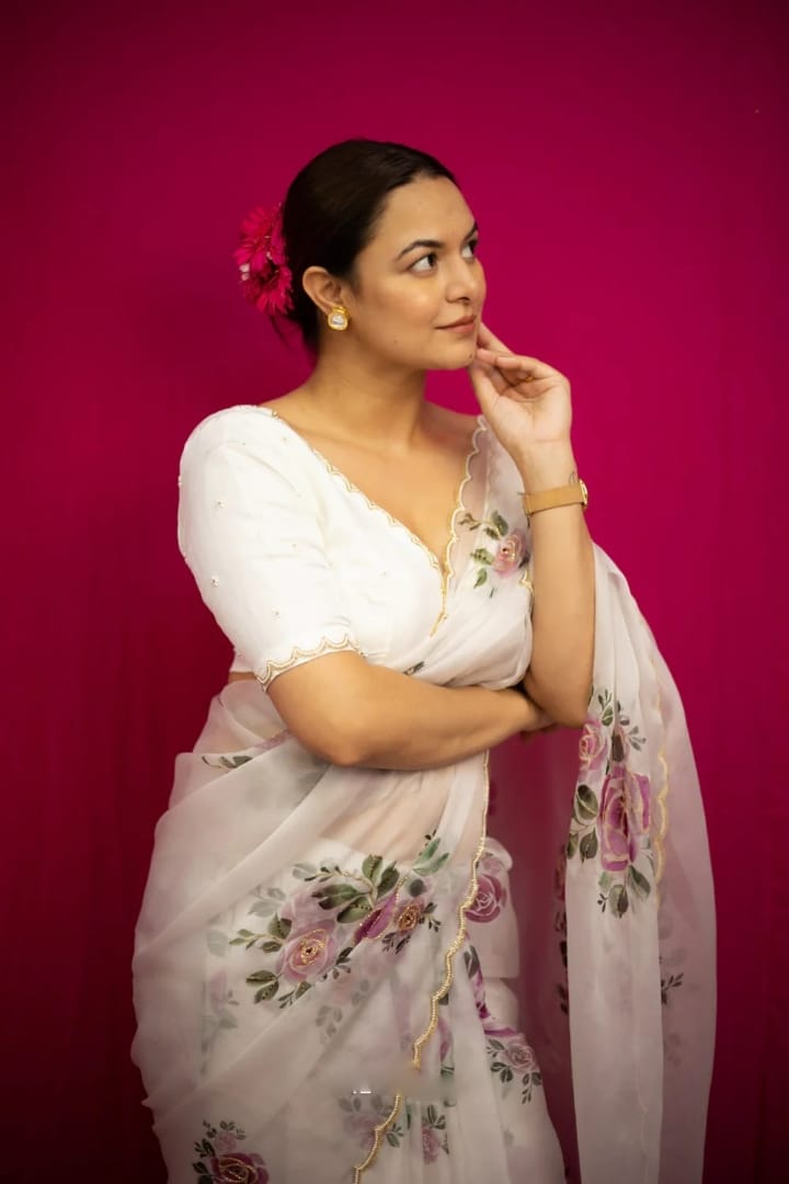 One Minute Ready To Wear Pure Soft Organza Silk White Saree With Moti and Val Work With Same Handworked Stiched Blouse