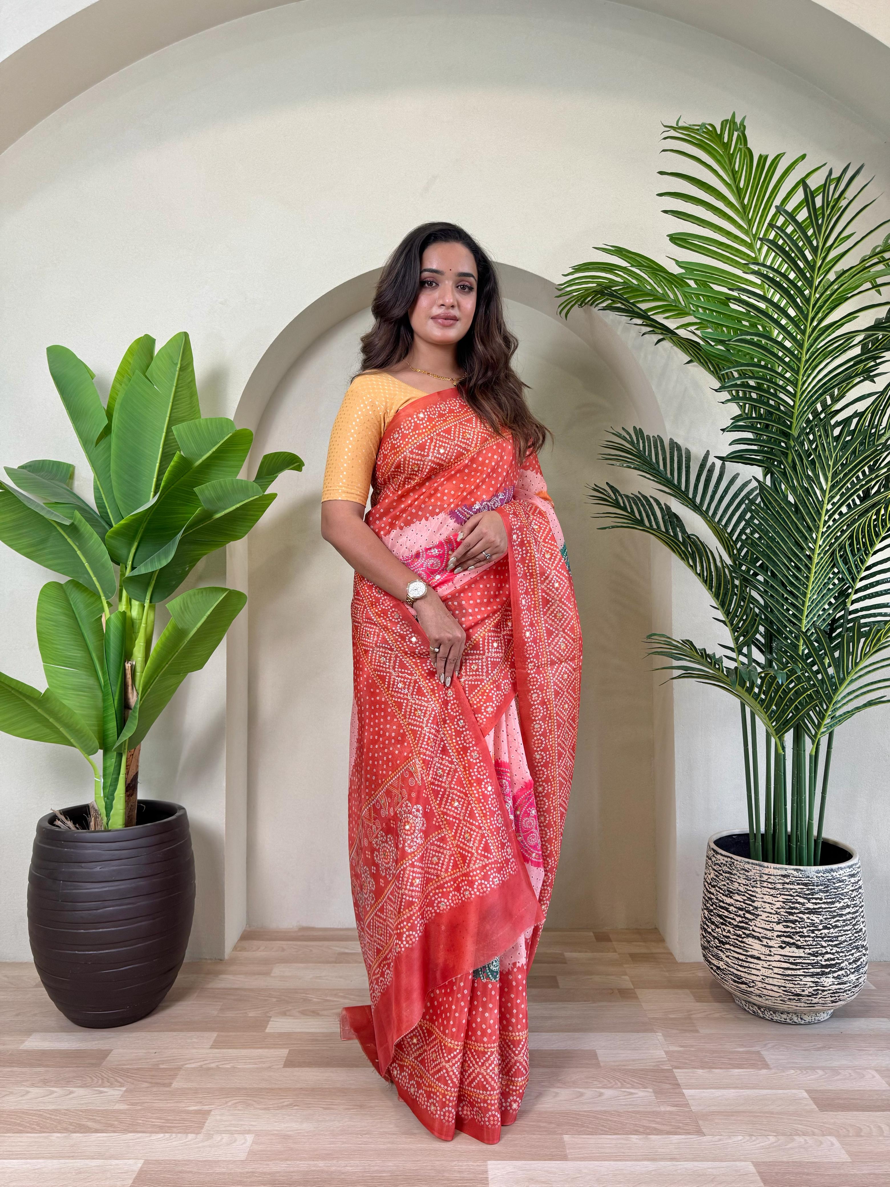 New Designer Tissue Silk Weaving Orange Pink Shade Saree With Contras Printed Embroidery Work Unstiched Blouse Piece