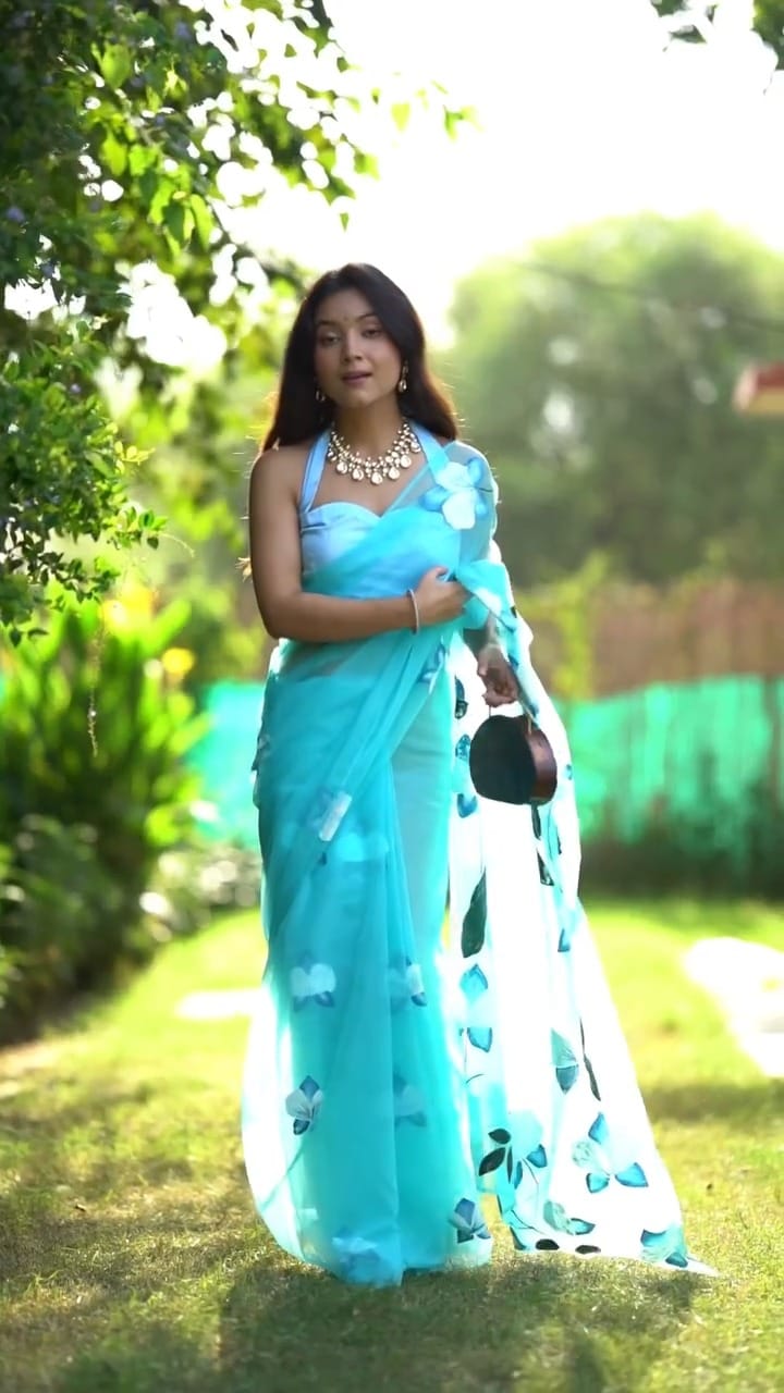 New One Minute Ready To Wear Sky Blue Colour Pure Soft Organza Silk Saree With Beautiful Flower Print Design With Unstiched Blouse Piece