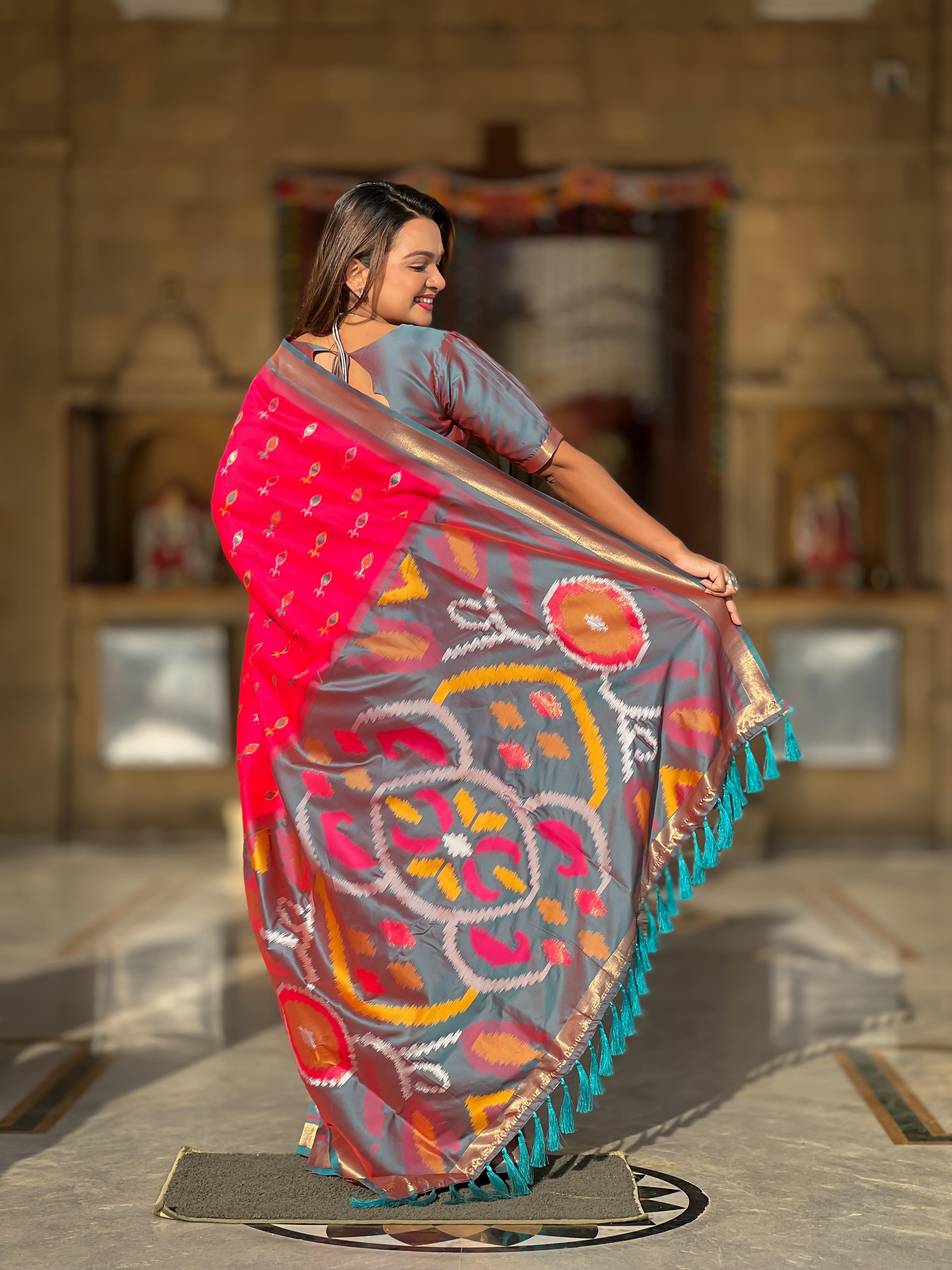 New Designer Ikkat And Patola Weaving Concept Pink Silk Saree With Contrast Rich Pallu And Unstiched Blouse Piece