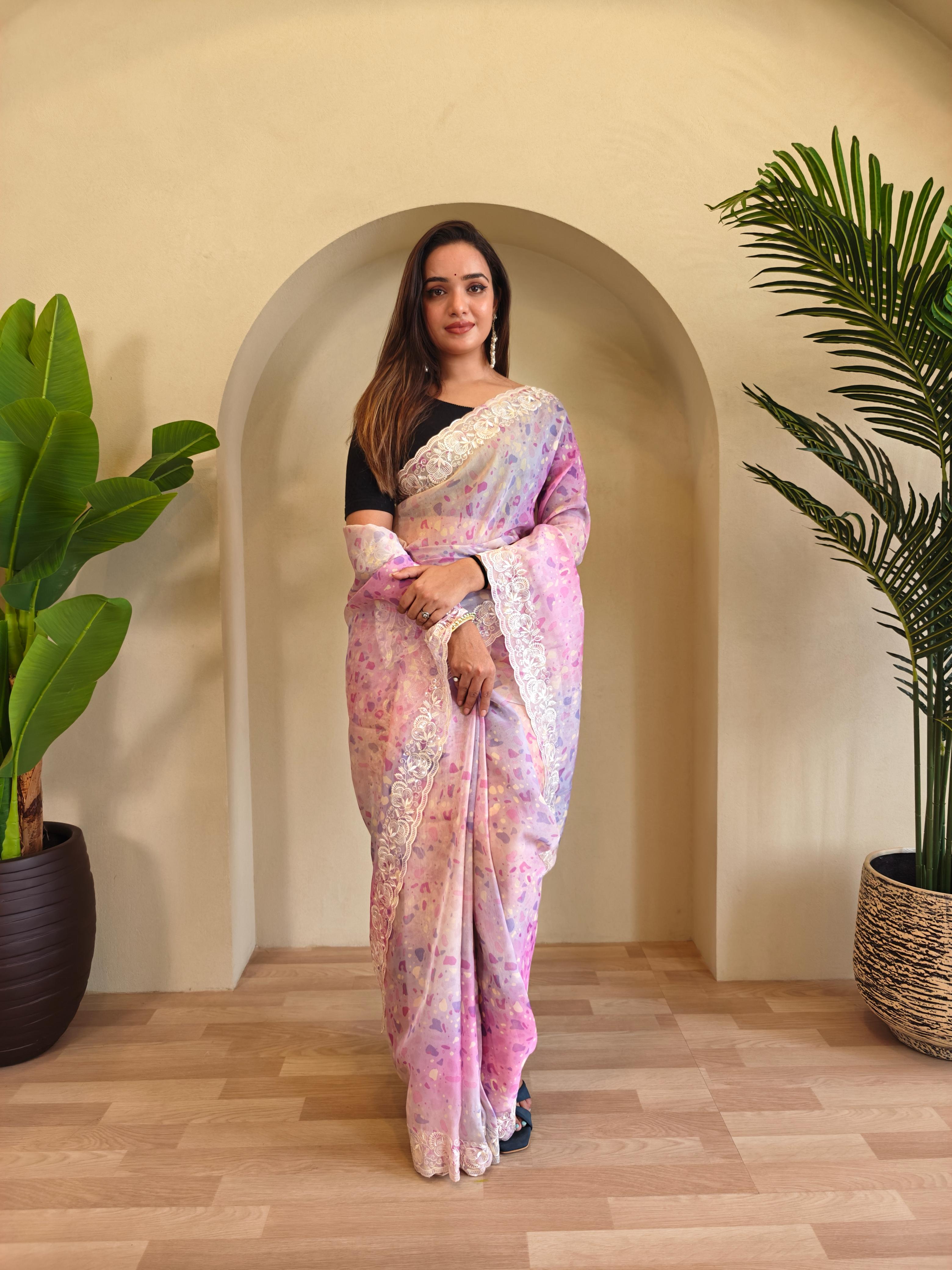 New Designer Hand Crafted Magicgold  Digital Print And Viscose - Sequins Embroideried  Organza Saree With Negative Printed Unstiched Blouse piece - Pink - Purple