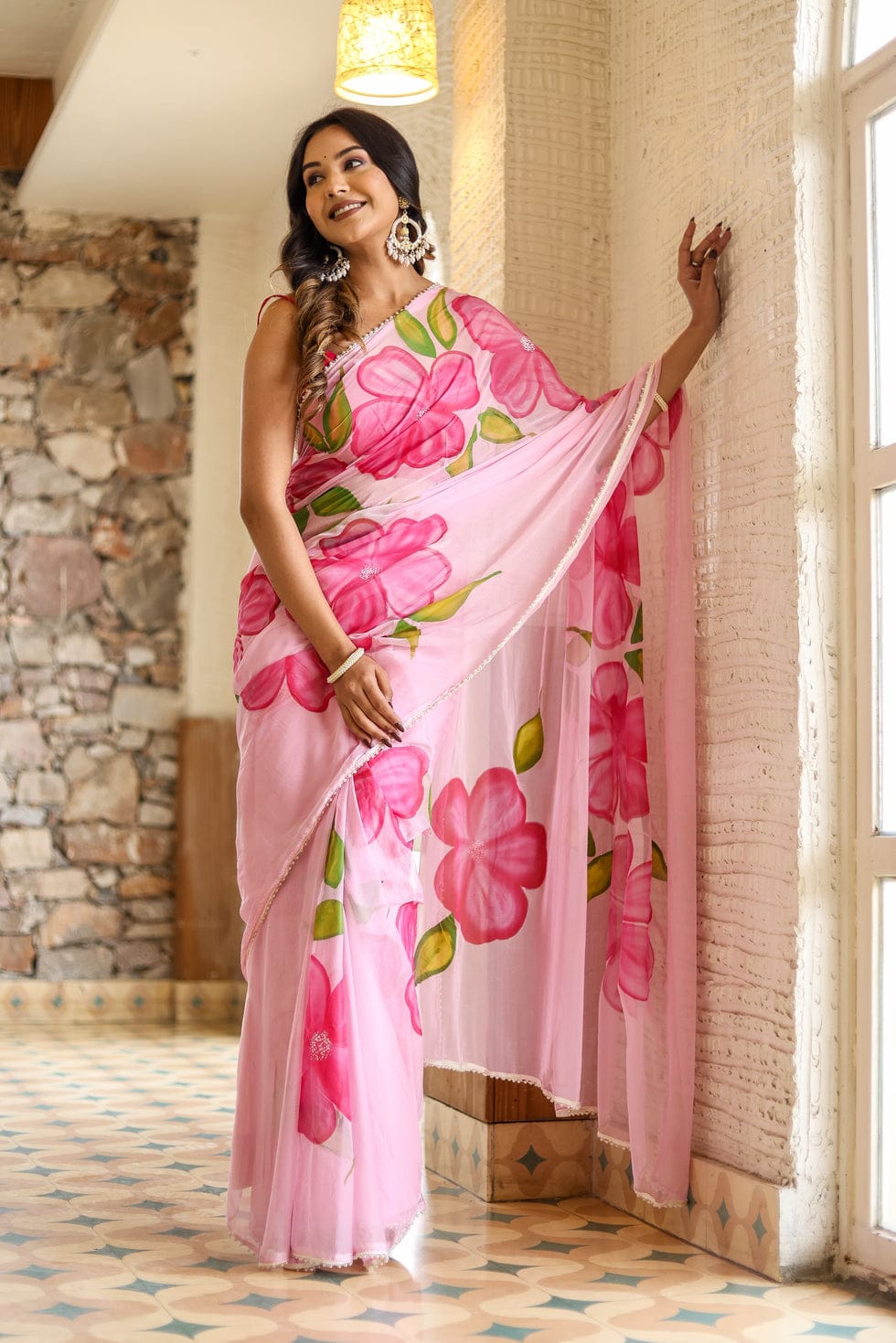 New One Minute Ready To Wear Pure Soft Georgette Silk Pink Flower Designed Saree With Same Model  Unstiched Blouse Piece