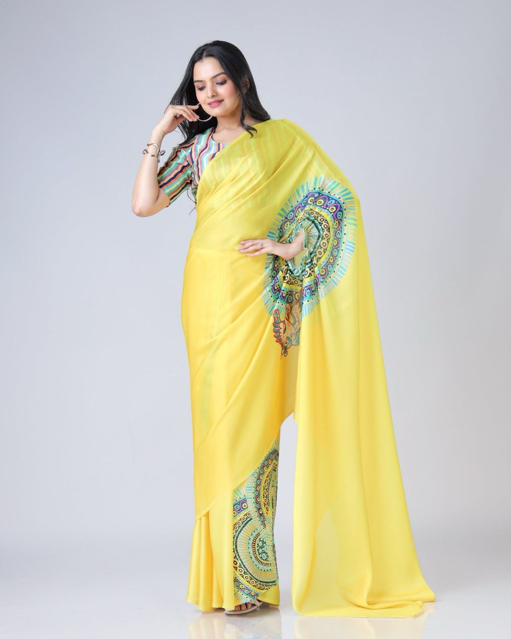 New One Minute Ready To Wear  Heavy Crepe Silk  Free Hand Saree With Beautiful Digital Print With Running Crepe Silk Unstiched Blouse Piece - Yellow