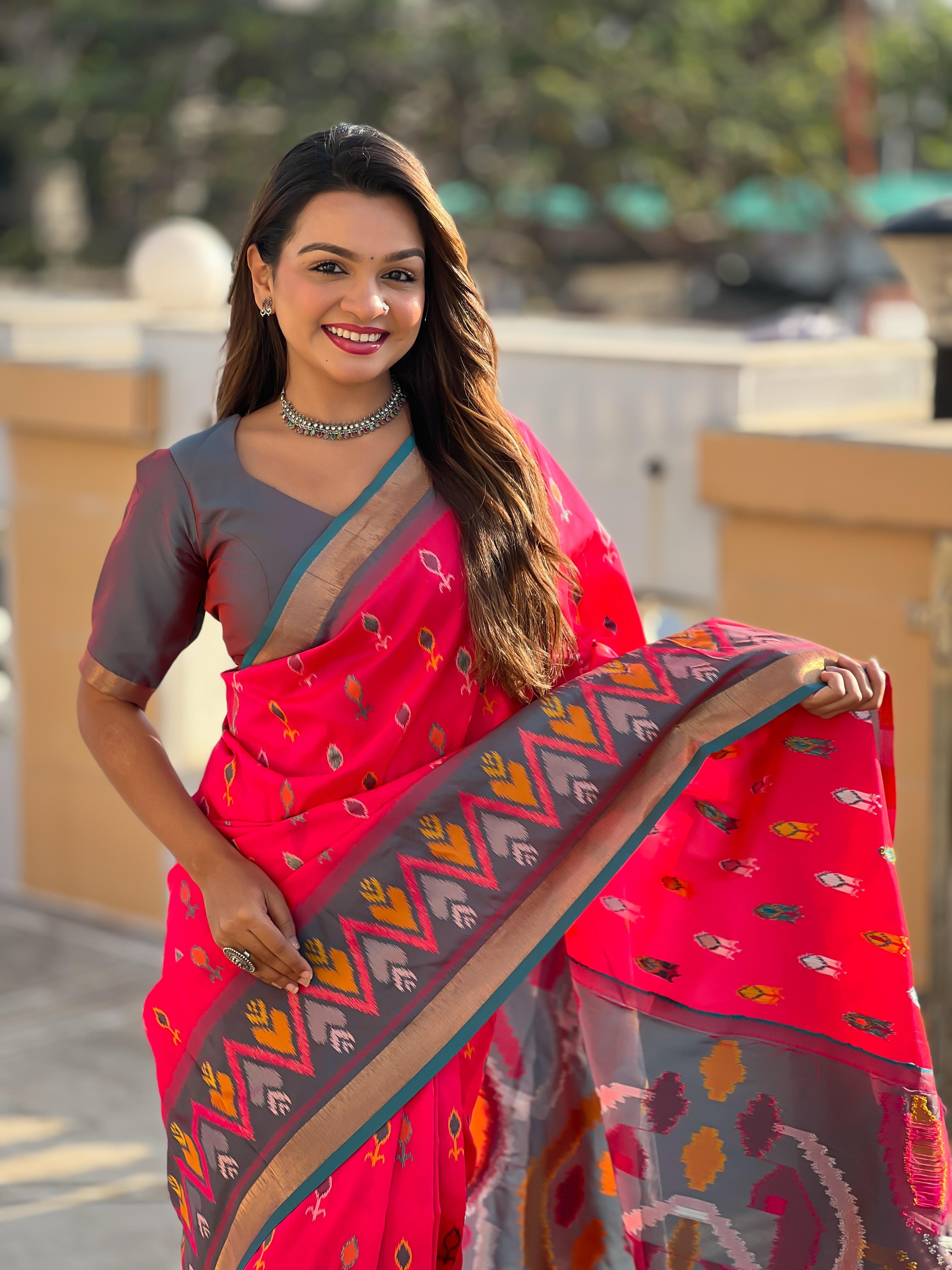 New Designer Ikkat And Patola Weaving Concept Pink Silk Saree With Contrast Rich Pallu And Unstiched Blouse Piece