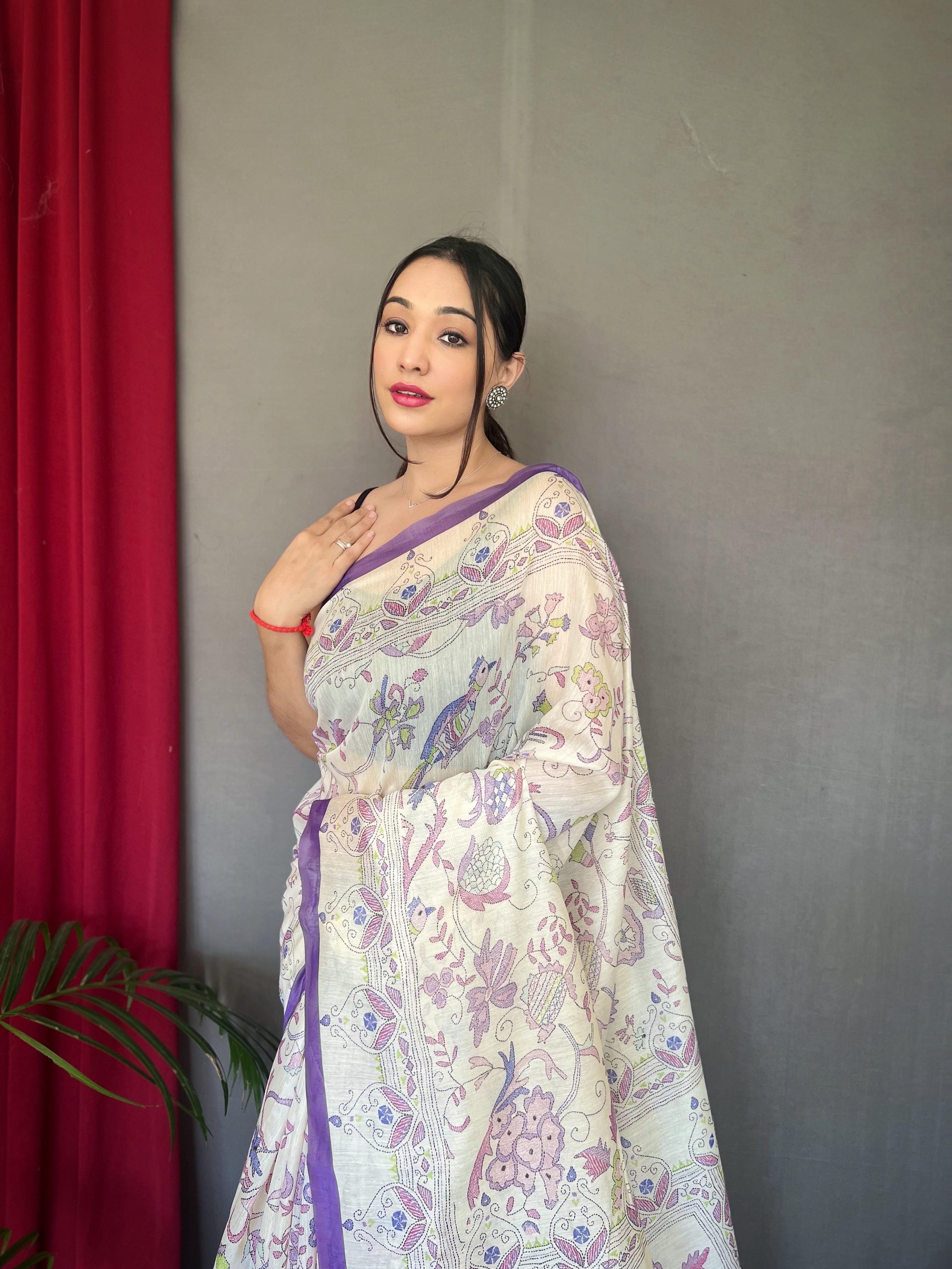 New Designer Pure Soft Malai Cotton Katha Printed Saree With Contrast Border And Printed Unstiched Blouse Piece - Purple