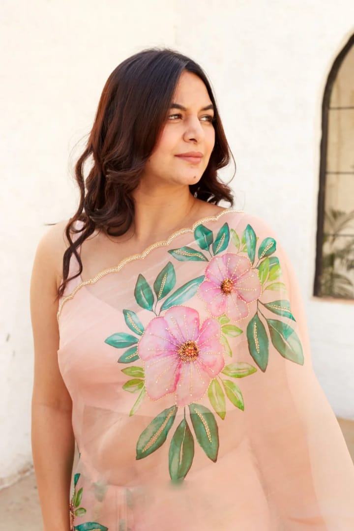 One Minute Ready To Wear Pure Soft Organza Silk Baby Pink Saree With Moti and Val Work With Same Handworked Stiched Blouse