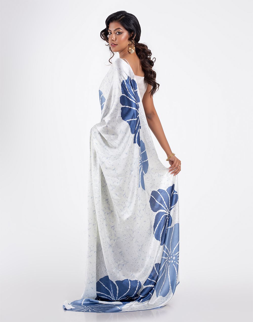 New Designer Original Japan Satin Devsena Saree With Flowered Digital Print With Digital Printed Unstiched Blouse Piece - White