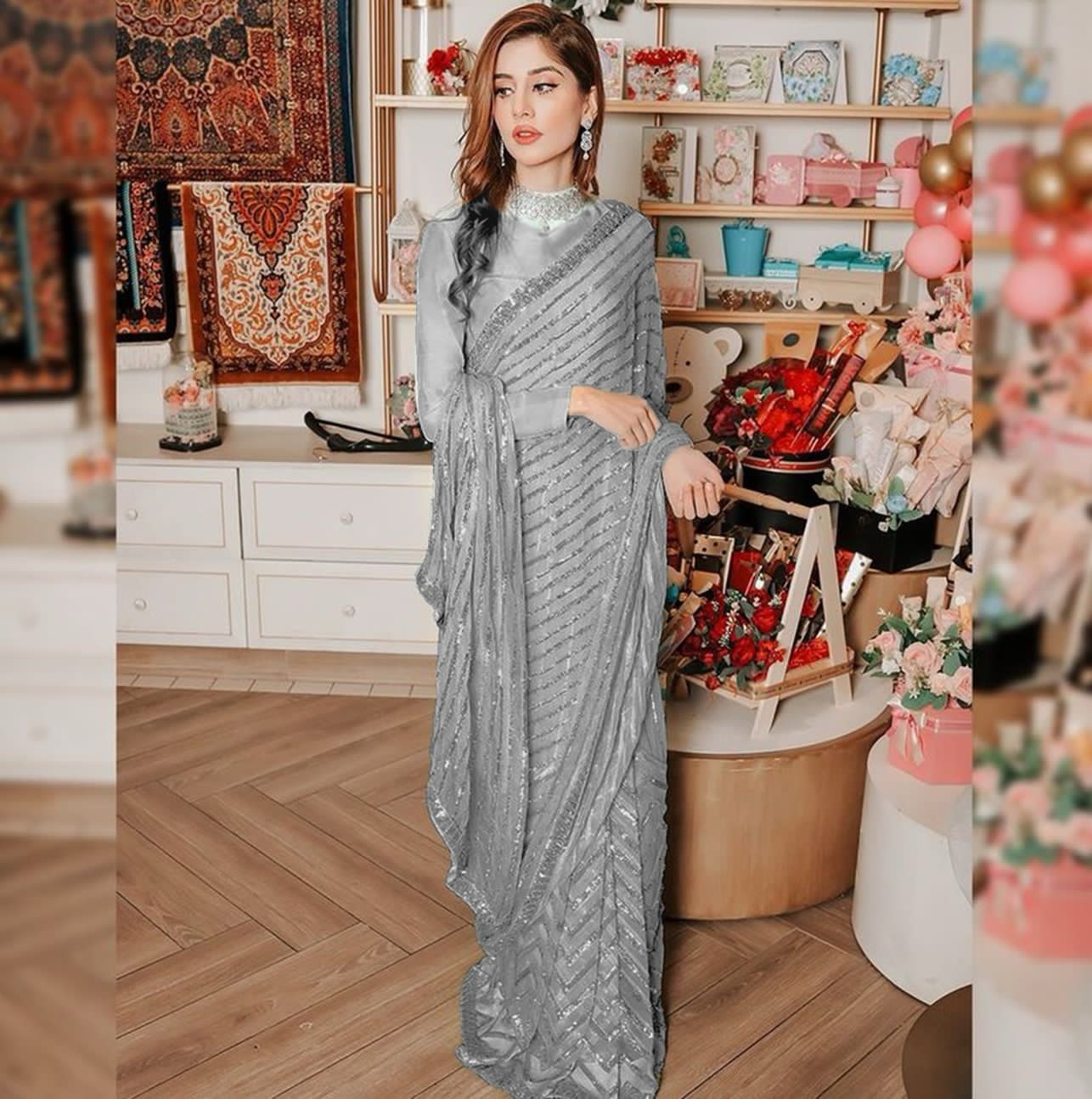 New Designer Soft Georgette Sequins Saree With Mono Banglori Blouse Piece