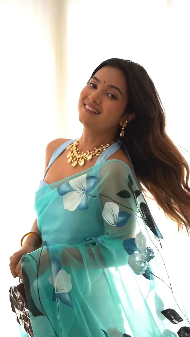 New One Minute Ready To Wear Sky Blue Colour Pure Soft Organza Silk Saree With Beautiful Flower Print Design With Unstiched Blouse Piece