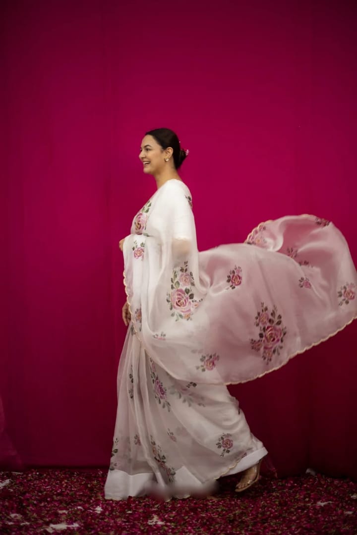 One Minute Ready To Wear Pure Soft Organza Silk White Saree With Moti and Val Work With Same Handworked Stiched Blouse
