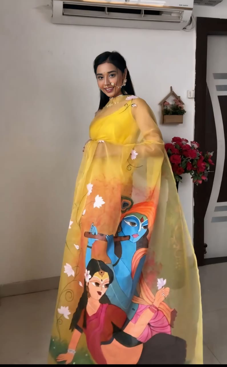 New One Minute Ready To Wear Radha Krishna Designed Pure Soft Organza Saree With Yellow Unstiched Blouse Piece