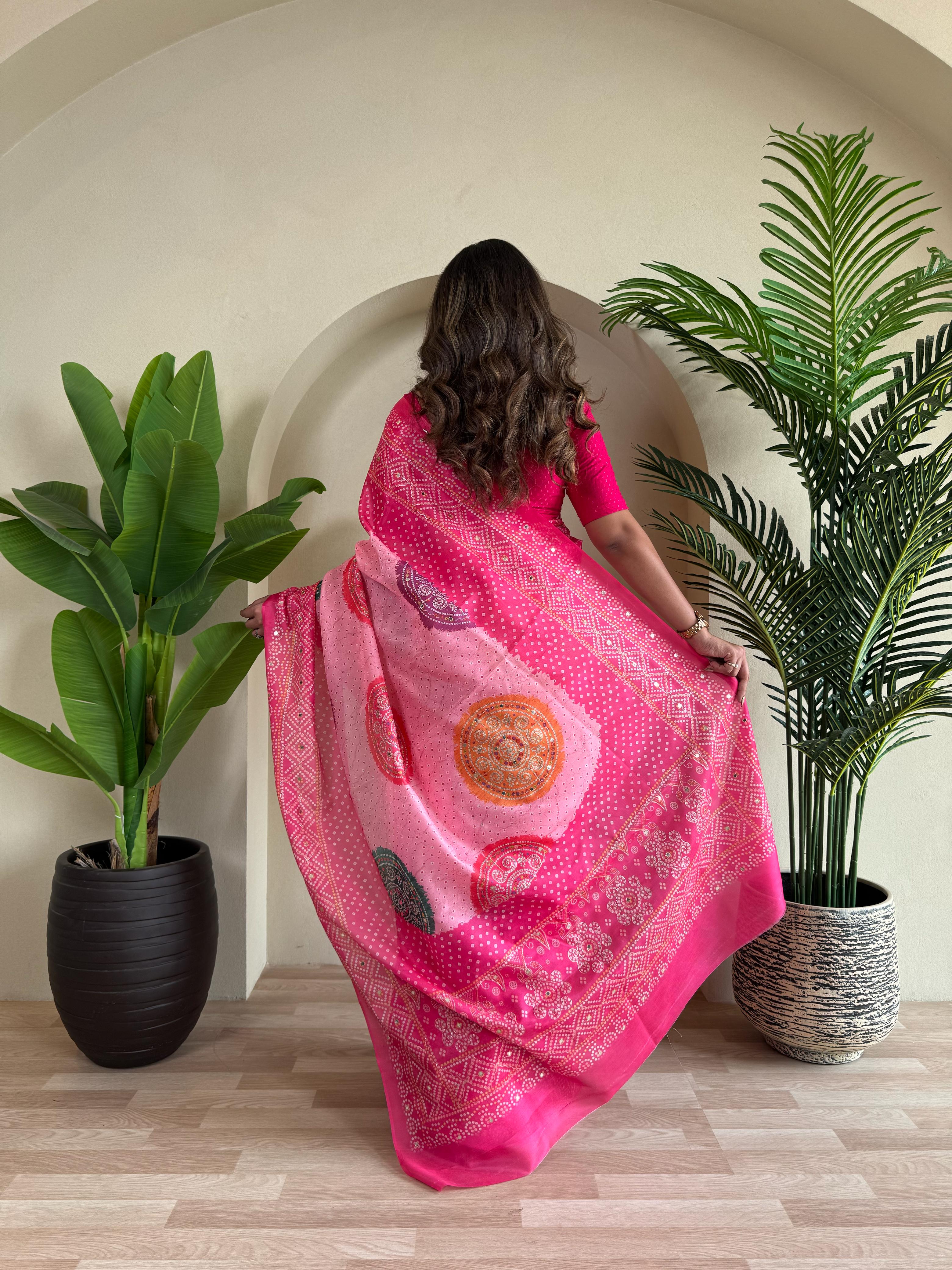 New Designer Tissue Silk Weaving Dual Pink Shade Saree With Contras Printed Embroidery Work Unstiched Blouse Piece