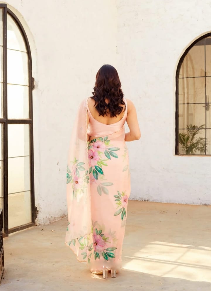 One Minute Ready To Wear Pure Soft Organza Silk Baby Pink Saree With Moti and Val Work With Same Handworked Stiched Blouse