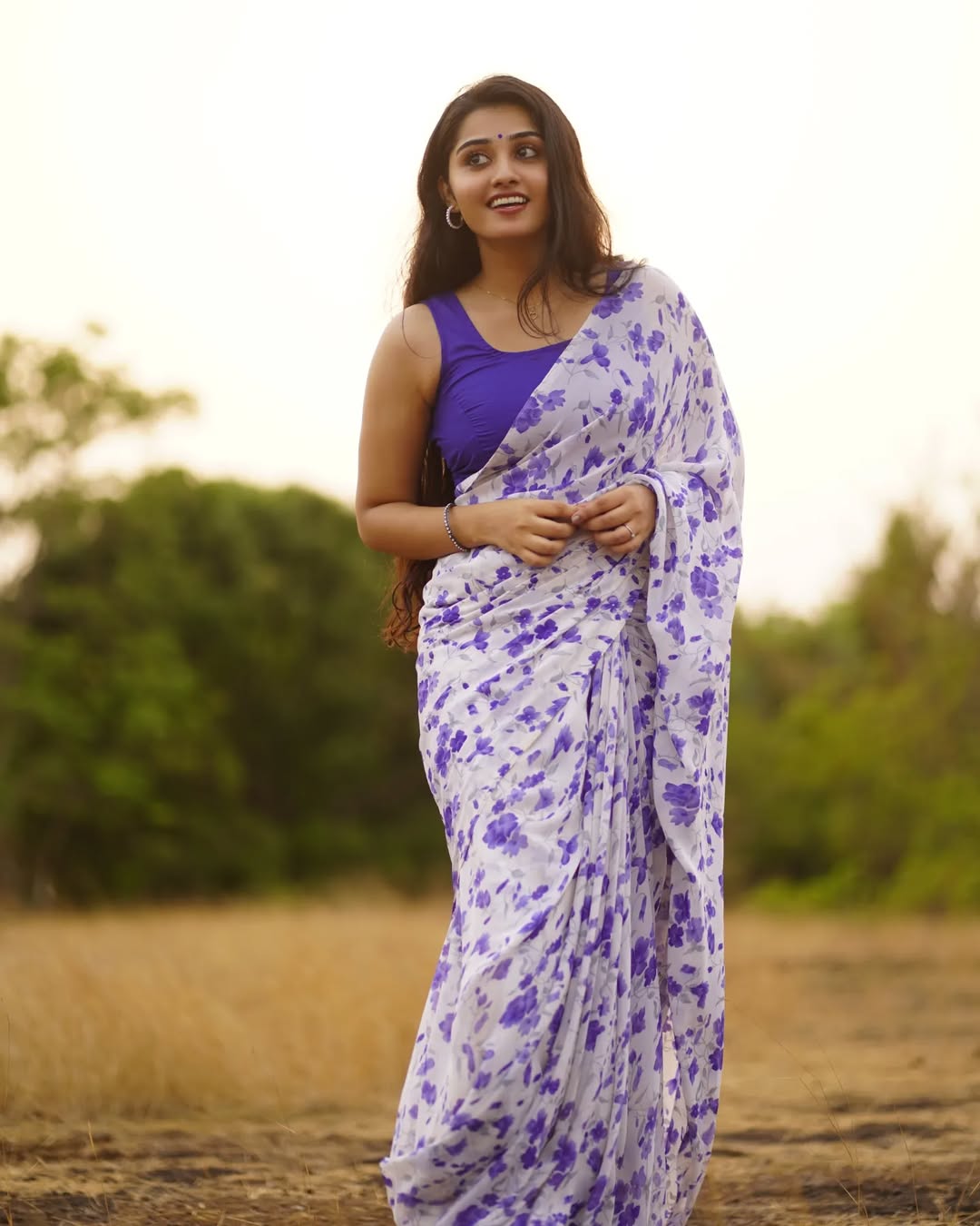 New One Minute Ready To Wear Purple Colour Flowers Design  Pure Soft Georgette Saree With Purple Unstitched Blouse