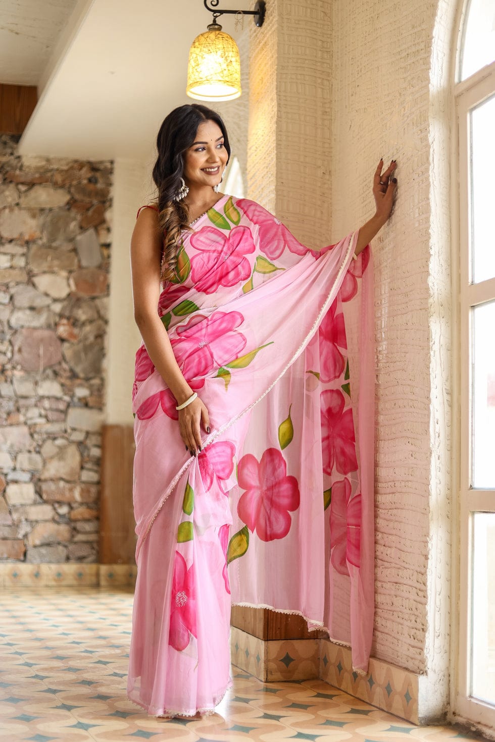 New One Minute Ready To Wear Pure Soft Georgette Silk Pink Flower Designed Saree With Same Model  Unstiched Blouse Piece