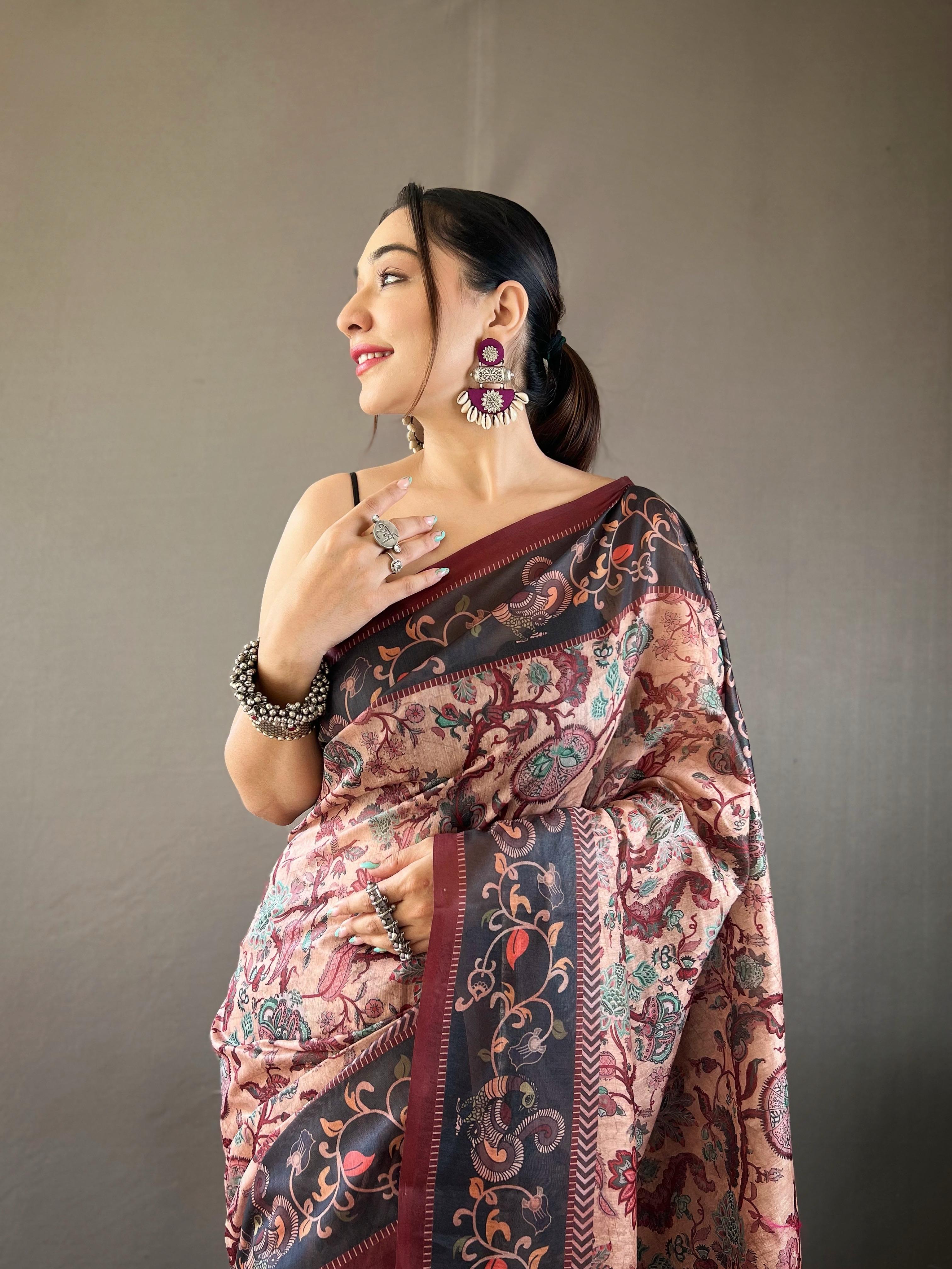 New Designer Soft Cotton Saree With Hand Picked Kalamkari Prints With Contrast Unstiched Blouse Piece - Pastel Orange