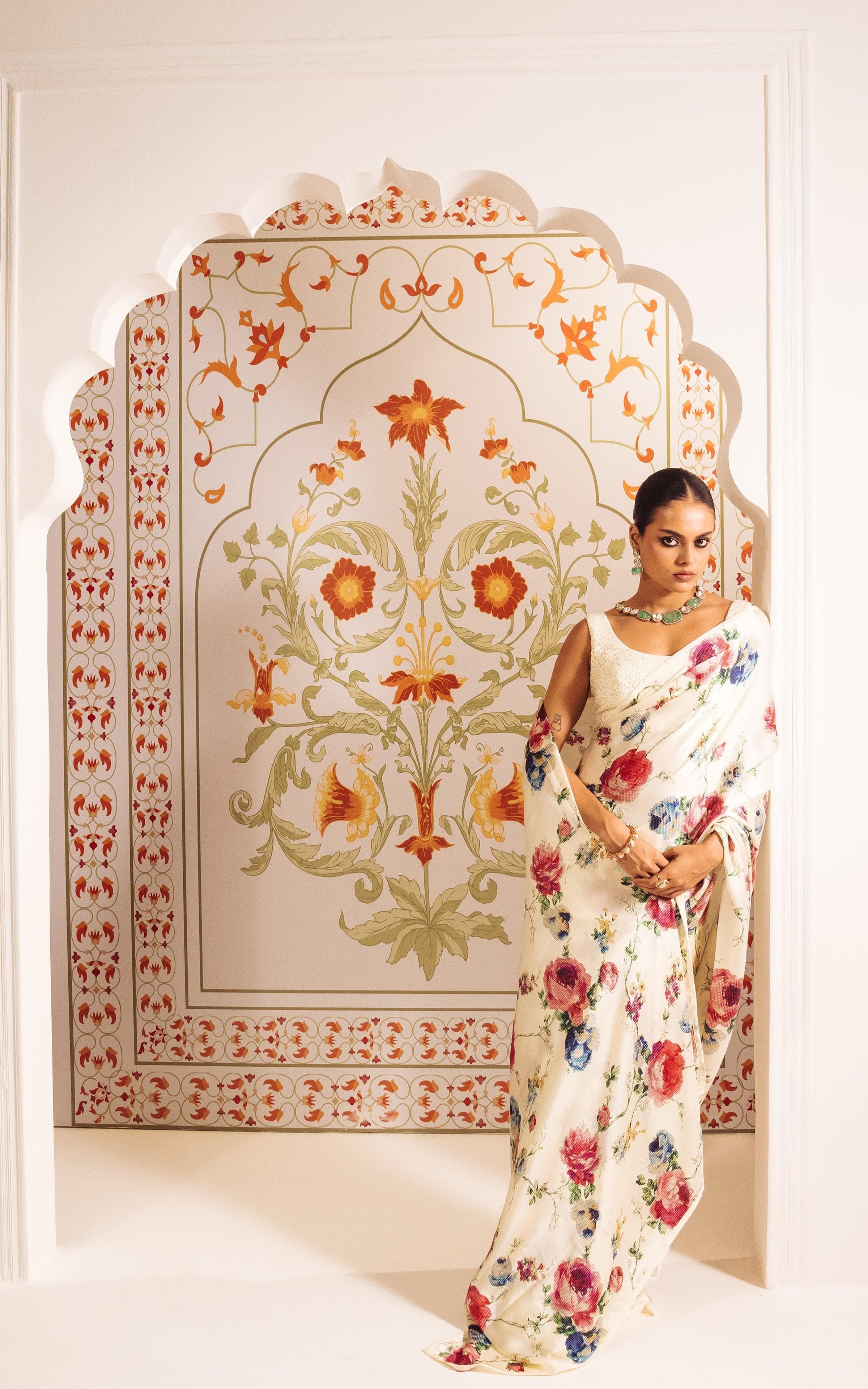 New Premium Japan Satin Digital Printed Designer Off White Saree With Unstiched Blouse