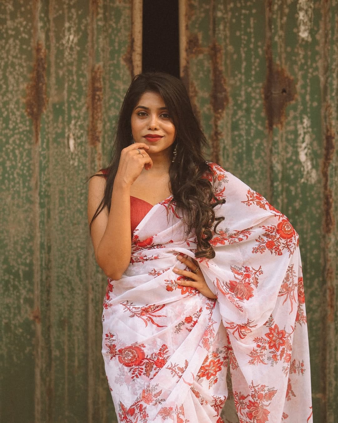 New One Minute Ready To Wear Pure Soft Georgette Silk Flower Designed White Saree With Same Model  Unstiched Blouse Piece