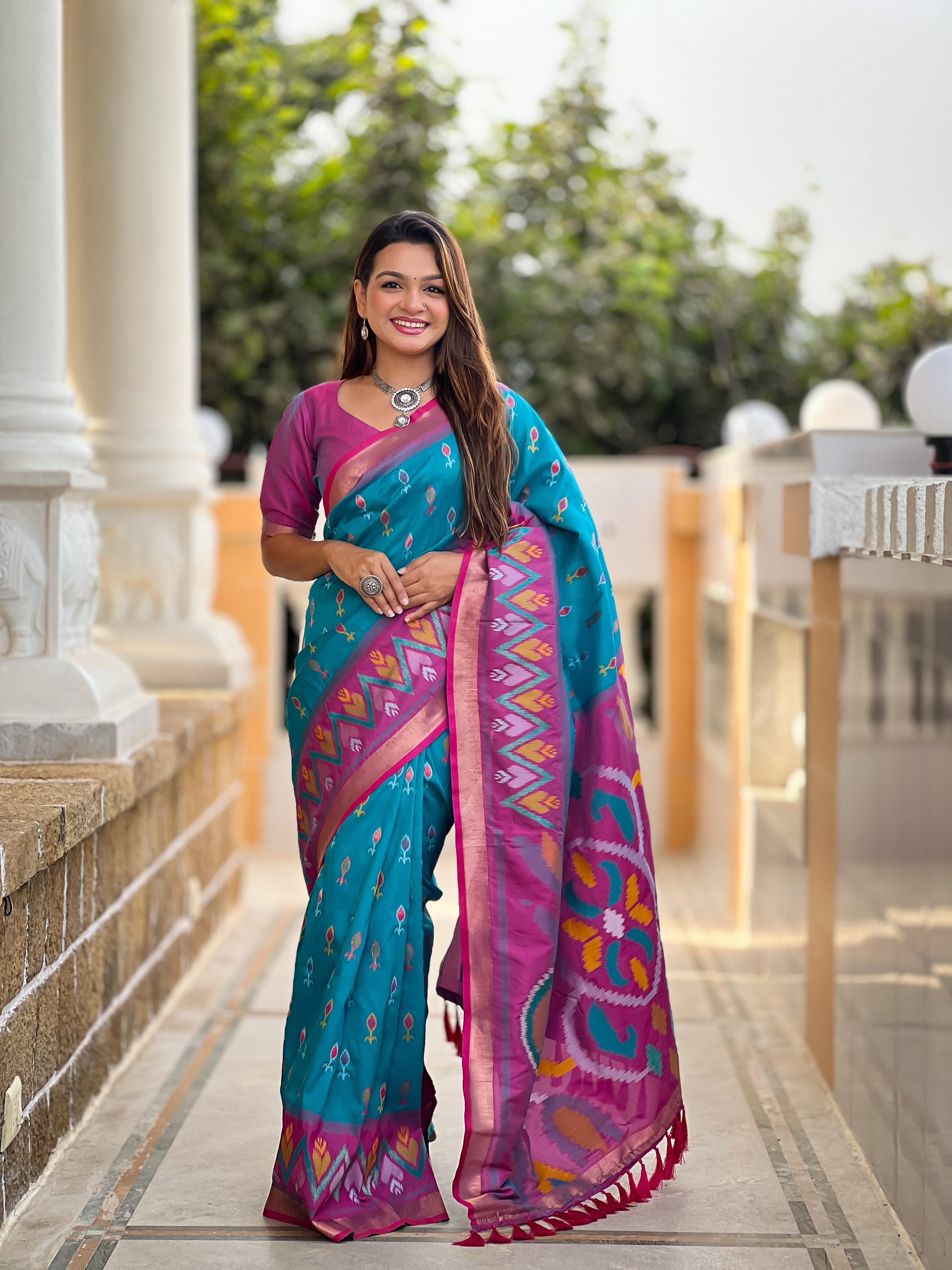 New Designer Ikkat And Patola Weaving Concept Sky Blue Silk Saree With Contrast Rich Pallu And Unstiched Blouse Piece