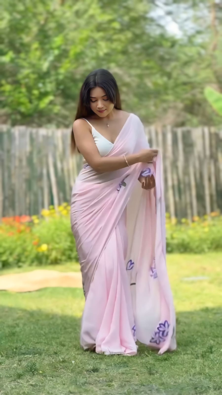 New One Minute Ready To Wear Pure Soft Georgette Silk Flower Designed Pink Saree With Same Model  Unstiched Blouse Piece