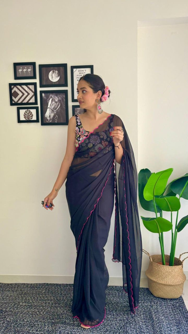 One Minute Ready To Wear Black Orchid Elegance Pure Soft Georgette Silk Saree