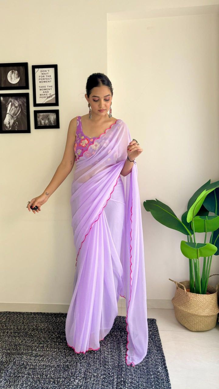 One Minute Ready To Wear Majestic Purple Drapery Pure Soft Georgette Silk Saree