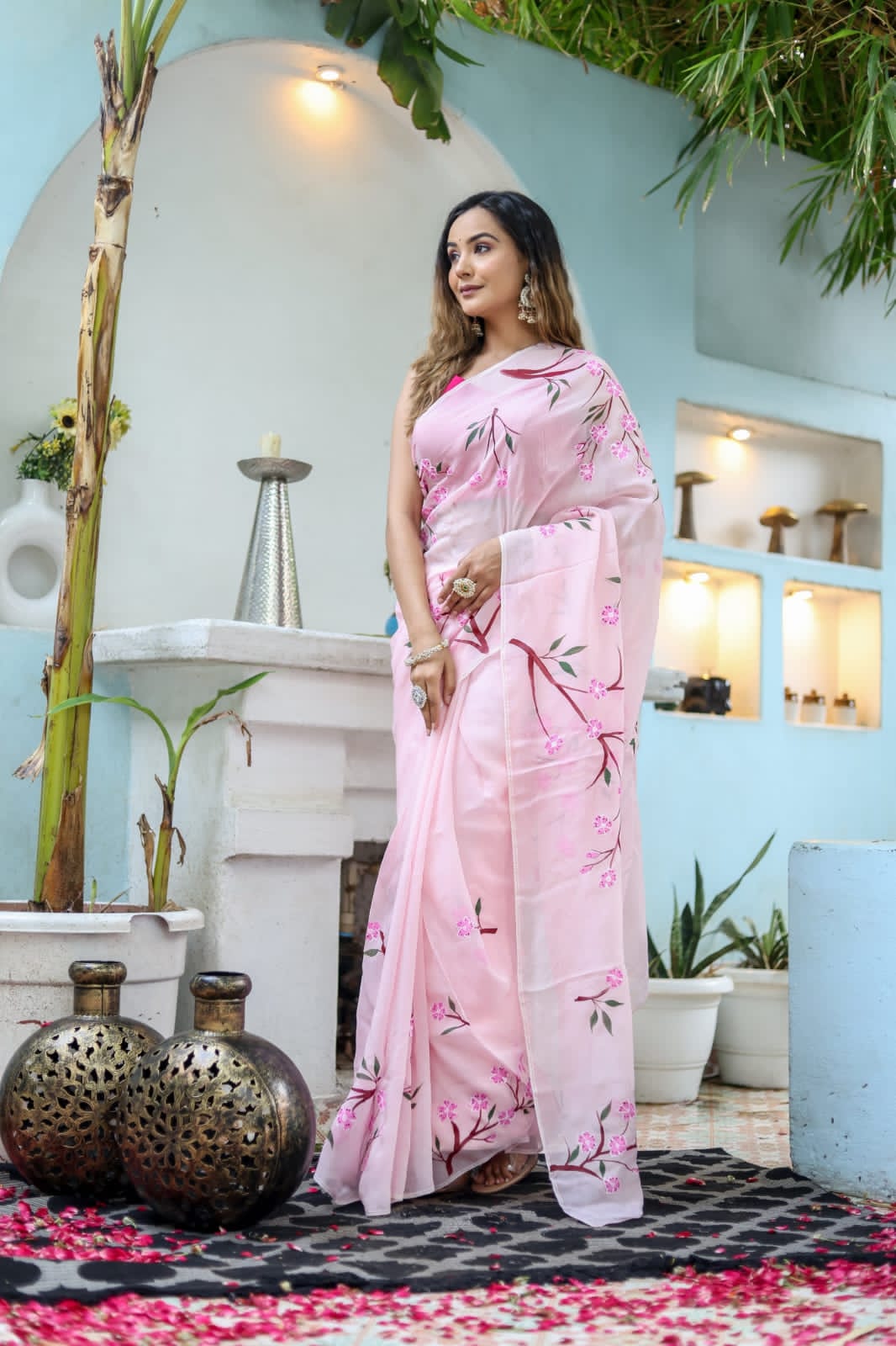 New One Minute Ready To Wear Pink Colour Pure Soft Georgette Multi Colour Flowered Design Saree With Pink Unstitched Blouse
