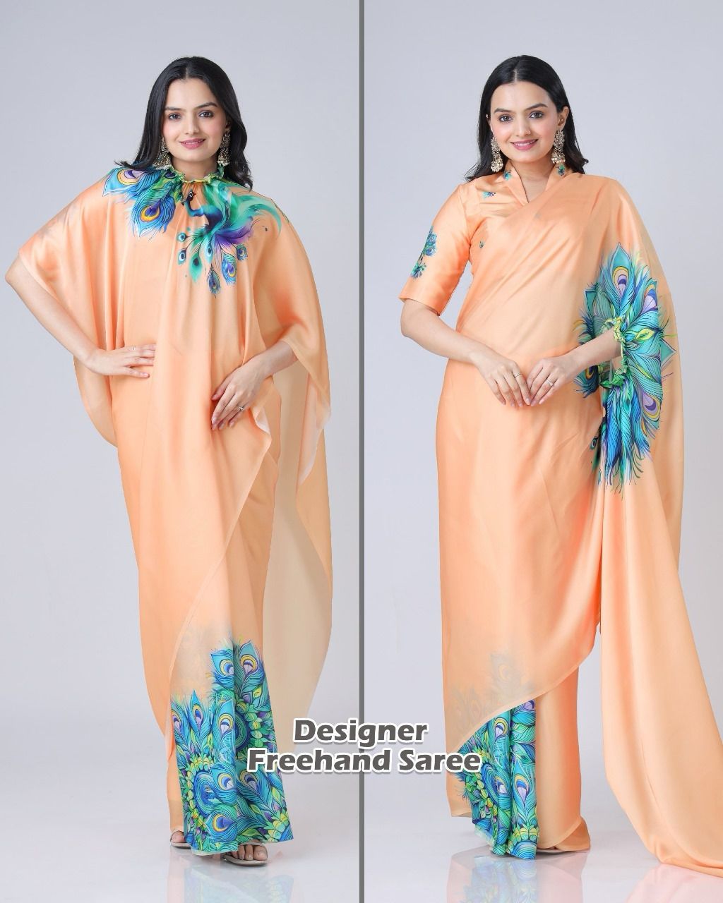 New One Minute Ready To Wear  Heavy Crepe Silk  Free Hand Saree With Beautiful Digital Printed With Running Crepe Silk Unstiched Blouse Piece - Pastel Orange