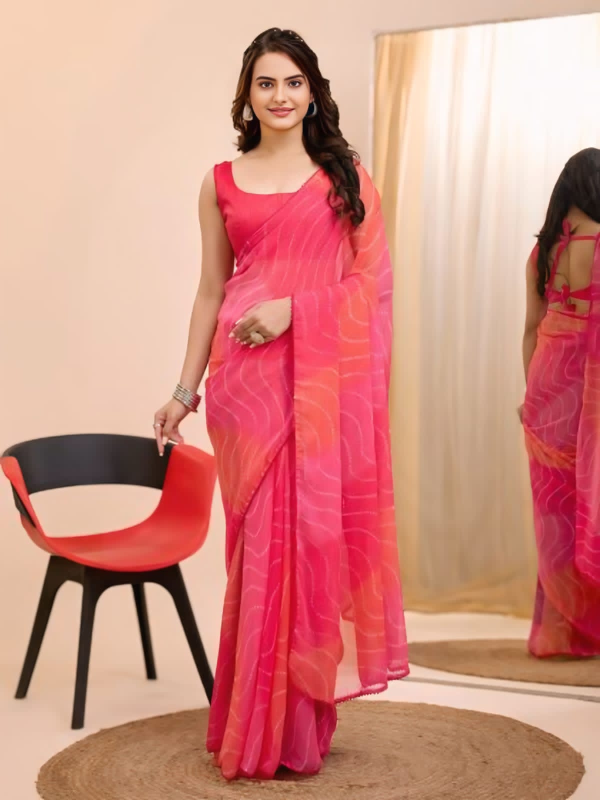 New One Minute Ready To Wear Pink - Orange Colour Laheriya Bandhani Design Pure Soft Georgette Saree With Pink Unstitched Blouse