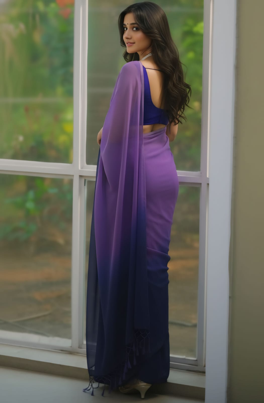New Beautiful Purple and Navy Blue Ombre Georgette delicate Saree with unstitch Blouse