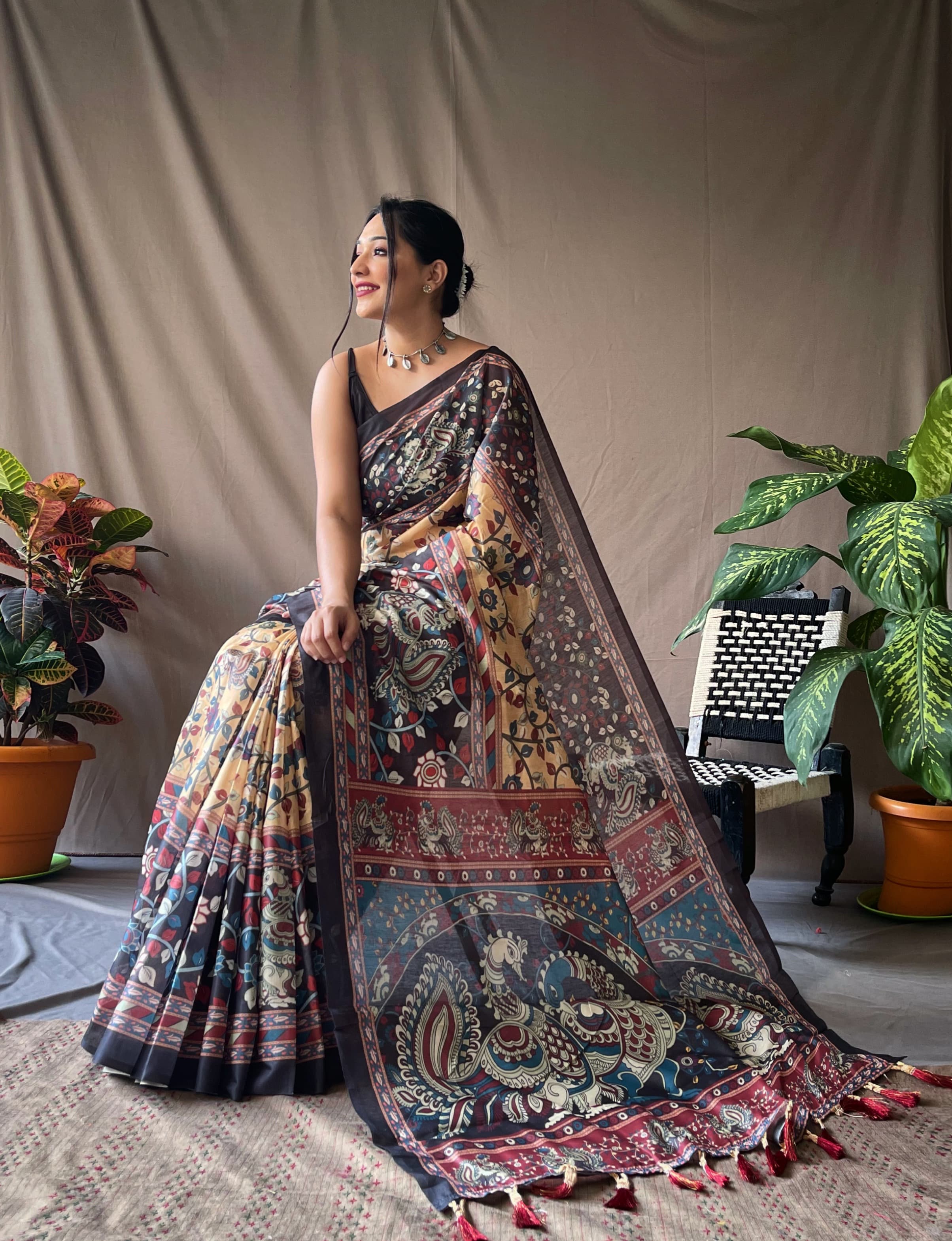 NEW DESIGNER PURE COTTON SAREE WITH  KALAMKARI PRINTS AND CONTRAST PALLU WITH TASSELS ATTACHED AND CONTRAST BLOUSE PIECE - YELLOW