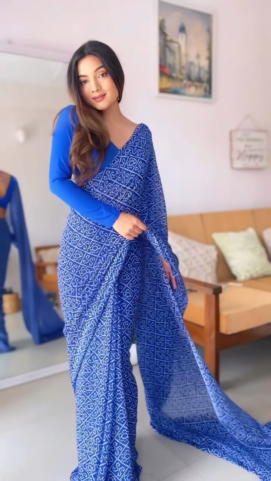 New One Minute Ready To Wear Pure Soft Georgette Silk Bandhani Designed Blue Saree With Same Model  Unstiched Blouse Piece
