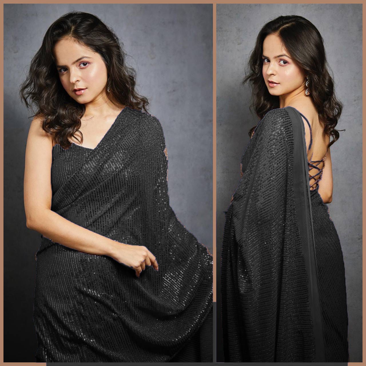 New Designer Georgette Saree With 3mm Sequence Embroidery Work In Double Run With Same Sequence Worked Unstiched Blouse Piece -  Black