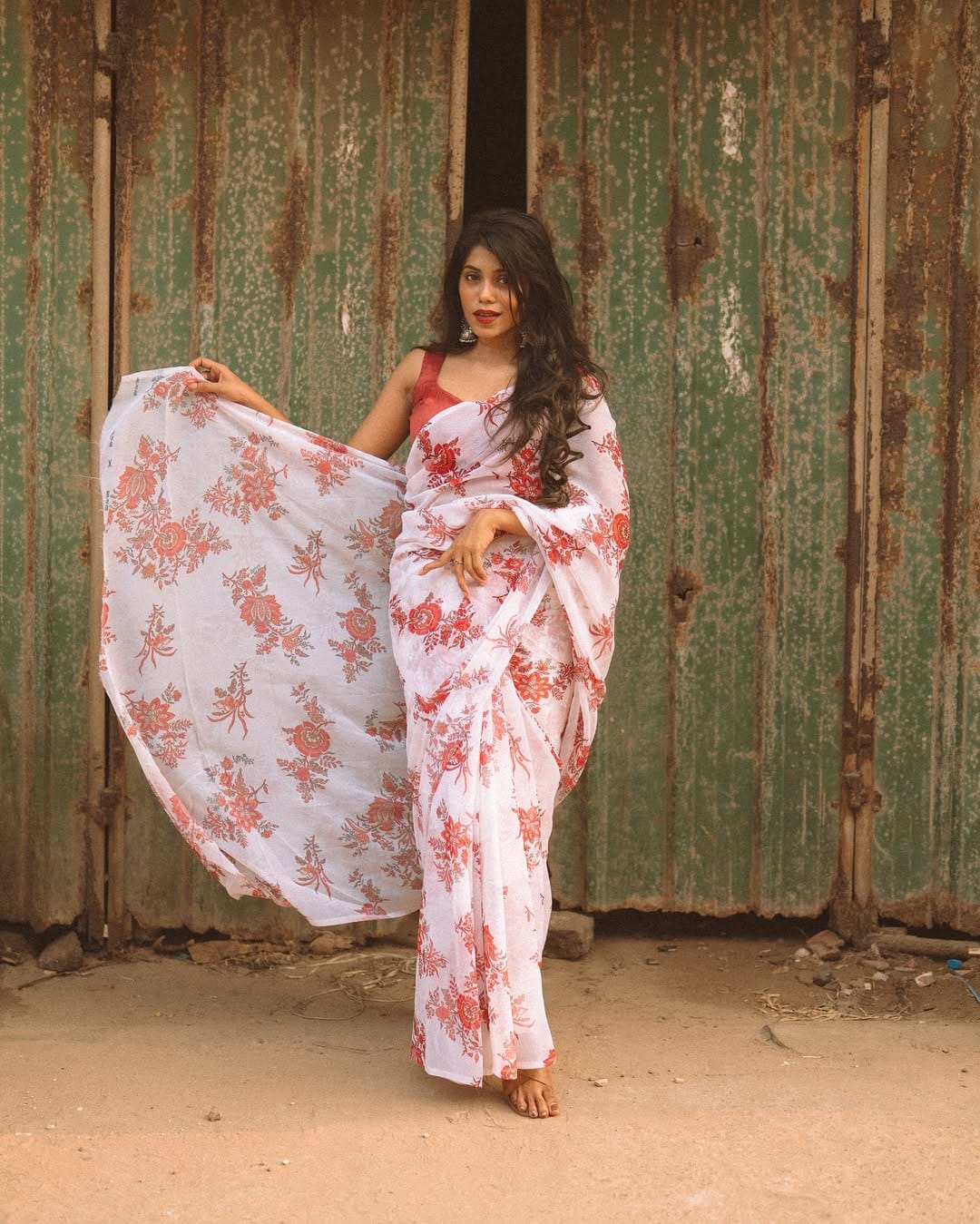 New One Minute Ready To Wear Pure Soft Georgette Silk Flower Designed White Saree With Same Model  Unstiched Blouse Piece