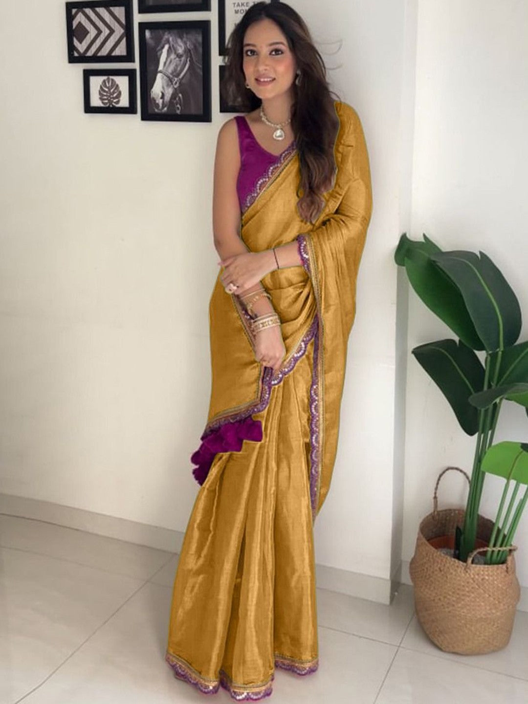 New designer Pure Errode Silk Gold Saree With Beautiful Dark Purple Embroidery Lace Border With Same Modeling Embroidery Sequence Lace Border Blouse Piece