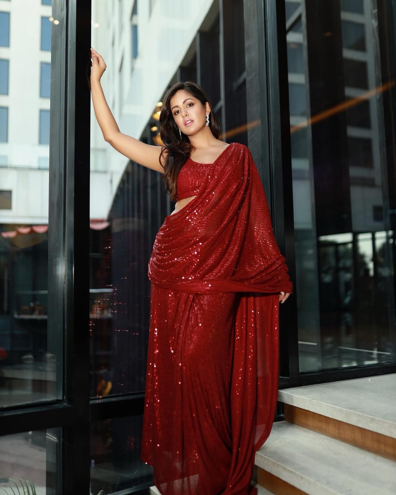 New Designer Georgette Saree With 3mm Sequence Embroidery Work In Double Run With Same Sequence Worked Unstiched Blouse Piece -  Maroon Red