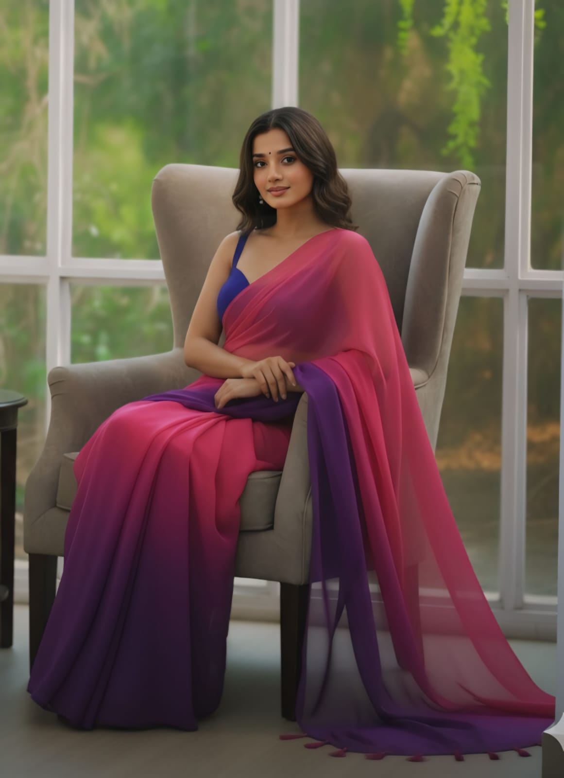New Beautiful Pink and Navy Blue Ombre Georgette delicate Saree with unstitch Blouse