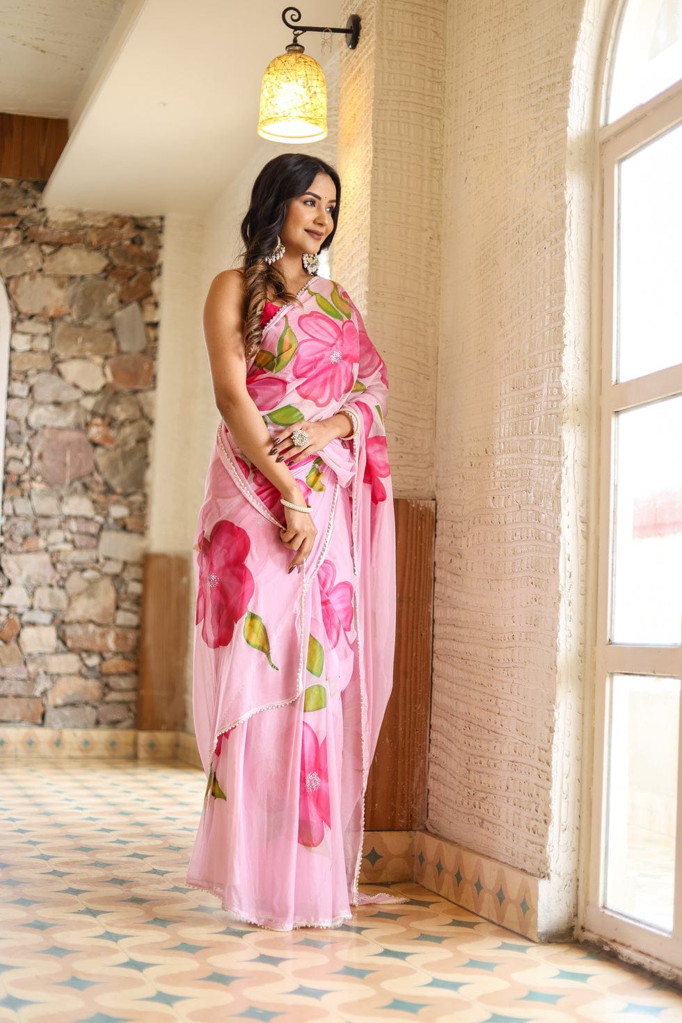 New One Minute Ready To Wear Pure Soft Georgette Silk Pink Flower Designed Saree With Same Model  Unstiched Blouse Piece