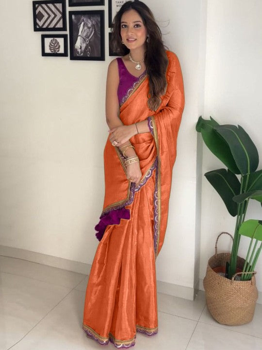 New designer Pure Errode Silk Orange Saree With Beautiful Embroidery Lace Border With Same Modeling Embroidery Sequence Lace Border Blouse Piece