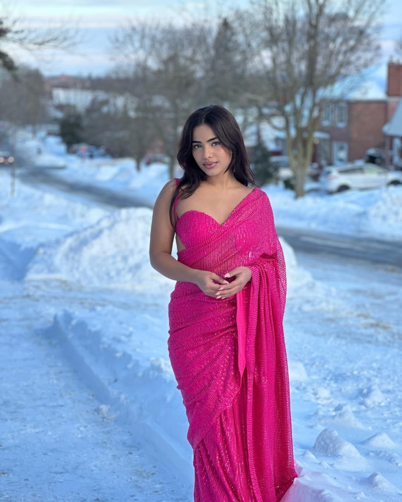 New Designer Georgette Saree With 3mm Sequence Embroidery Work In Double Run With Same Sequence Worked Unstiched Blouse Piece -  Rani Pink