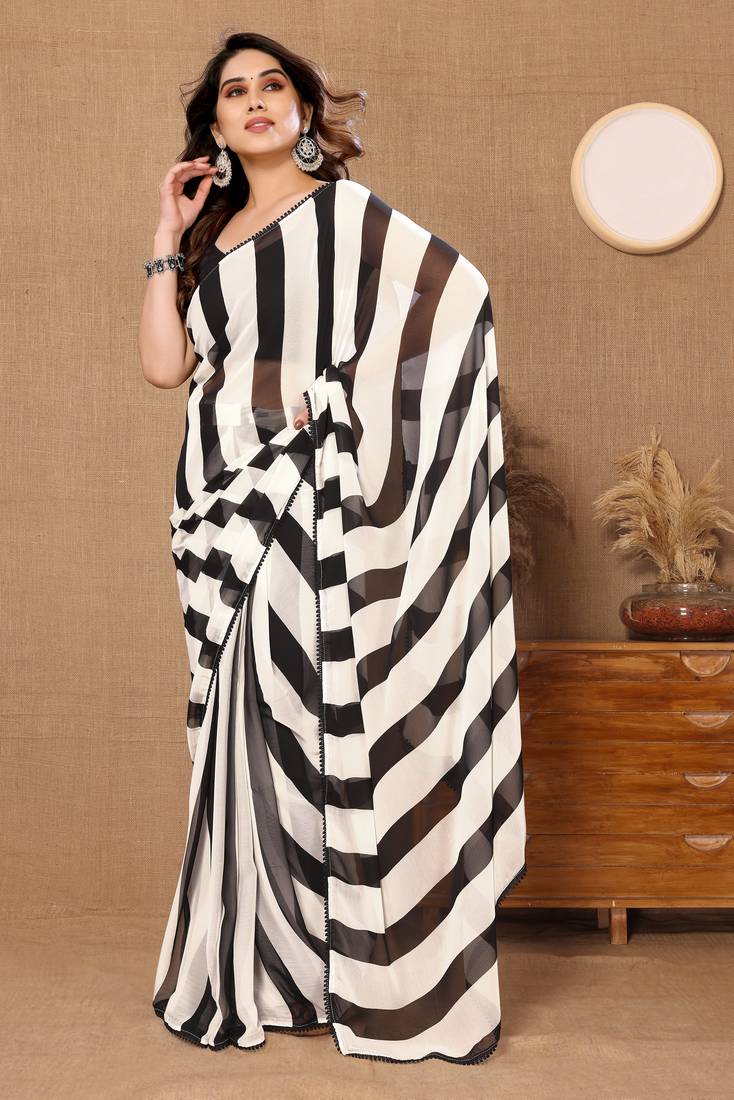 One Minute Ready To Wear Classic Contrast Pure Soft Georgette Silk Saree