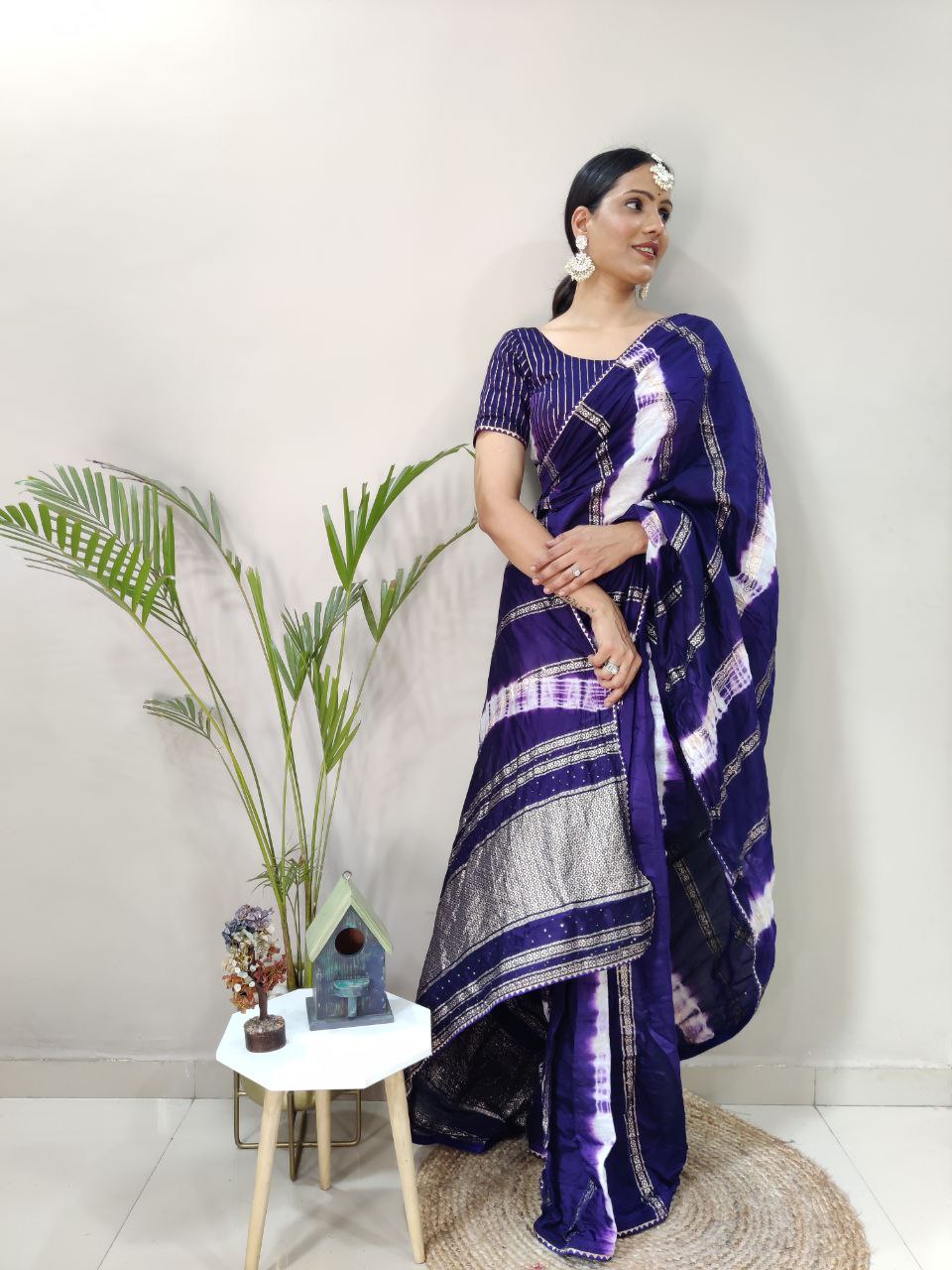 One Minute Ready To Wear Nylon Viscose Blue Chanderi Silk Saree Divashree