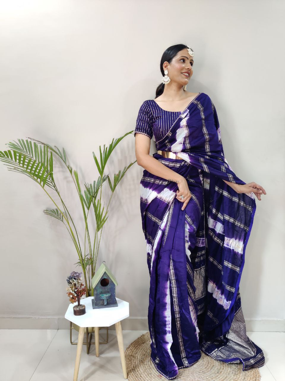 One Minute Ready To Wear Nylon Viscose Blue Chanderi Silk Saree Divashree