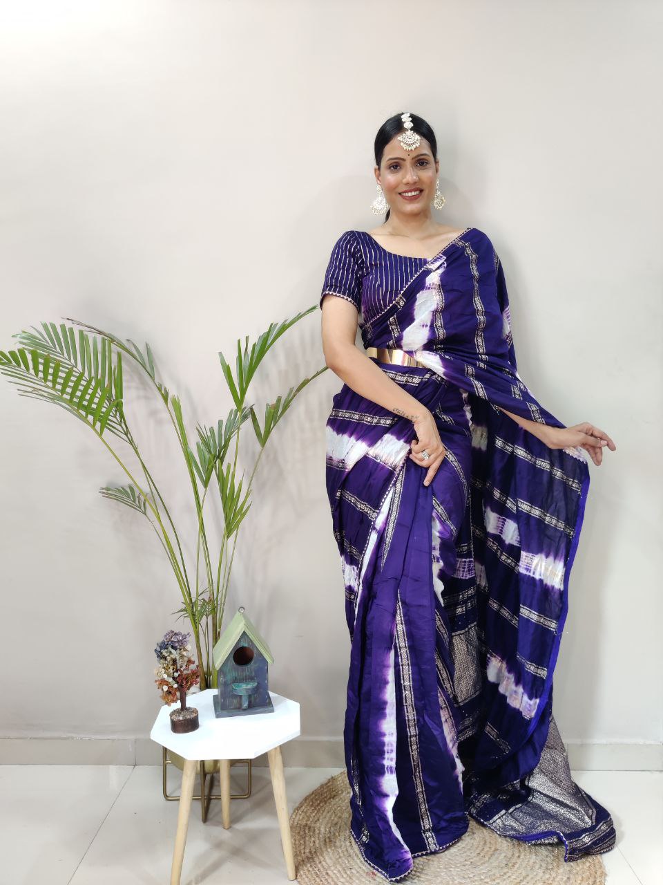 One Minute Ready To Wear Nylon Viscose Blue Chanderi Silk Saree Divashree