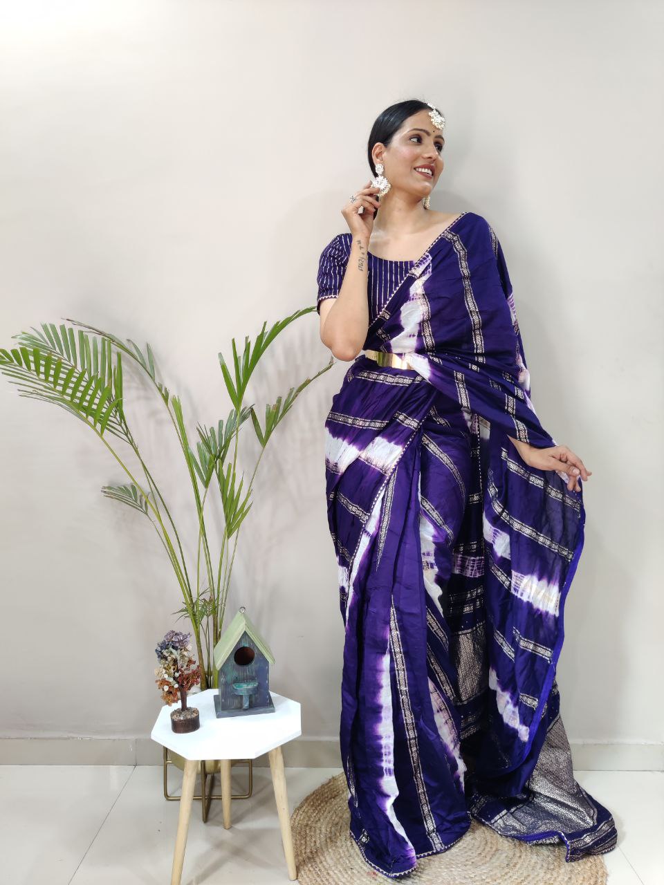 One Minute Ready To Wear Nylon Viscose Blue Chanderi Silk Saree Divashree