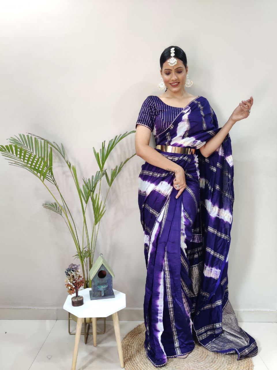 One Minute Ready To Wear Nylon Viscose Blue Chanderi Silk Saree Divashree