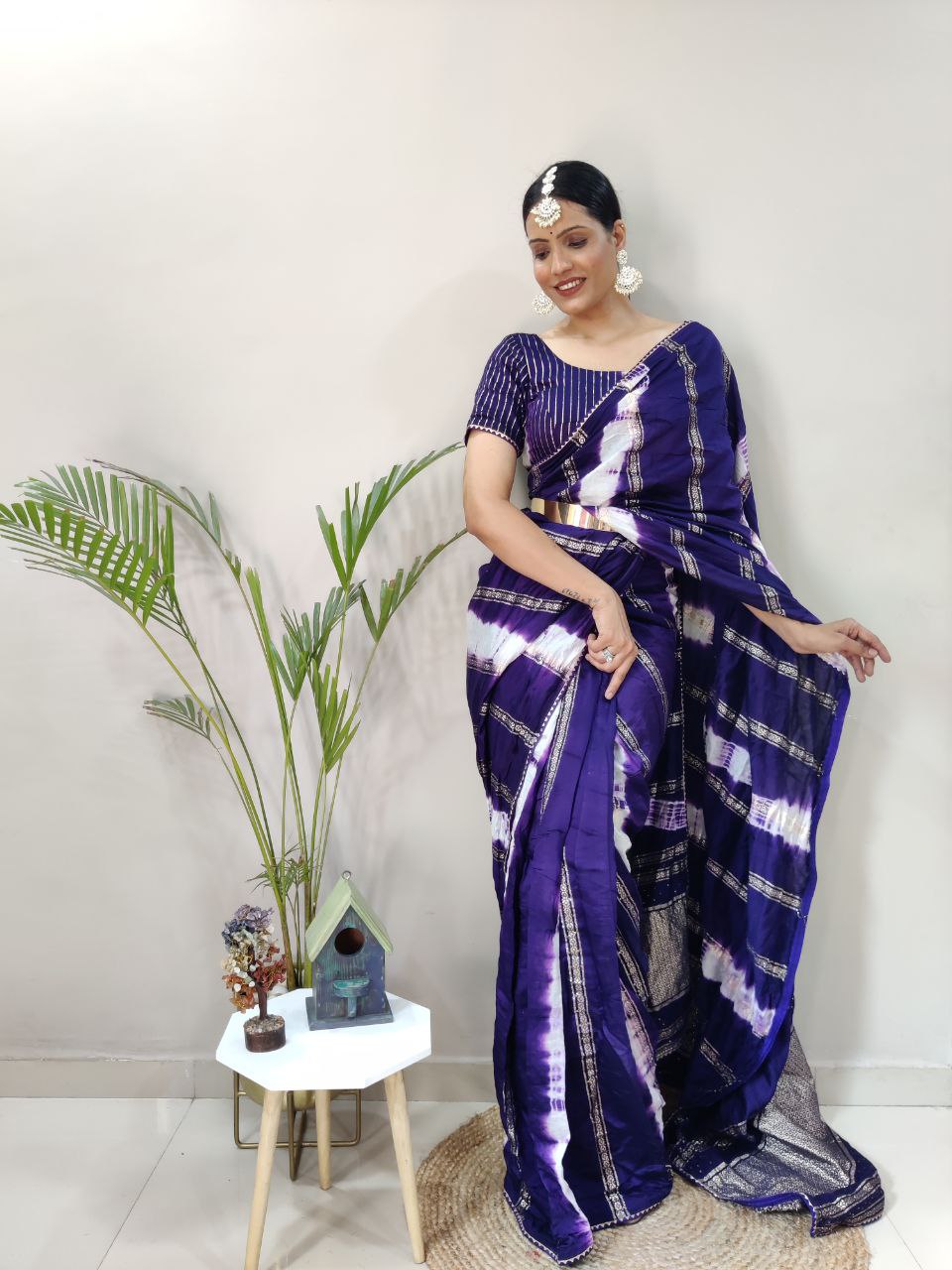 One Minute Ready To Wear Nylon Viscose Blue Chanderi Silk Saree Divashree